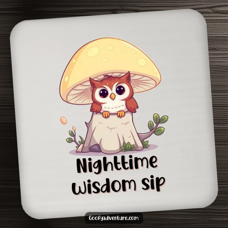 Funny drink coaster with a curious owl peeking from behind a glowing mushroom, protecting your table with forest charm.