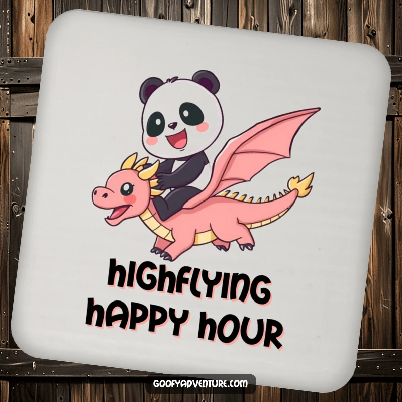 Funny set of coasters featuring a cute panda riding a flying dragon through a vibrant rainbow, protecting surfaces.