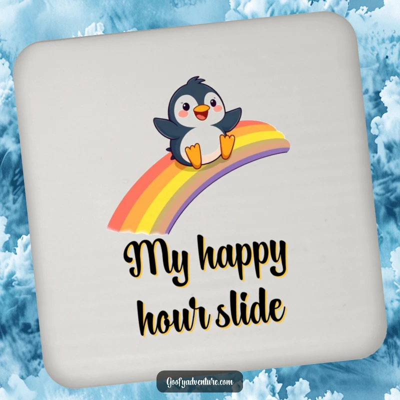 Funny Penguin coaster, joyfully sliding down a giant rainbow, protecting surfaces with colorful cheer.