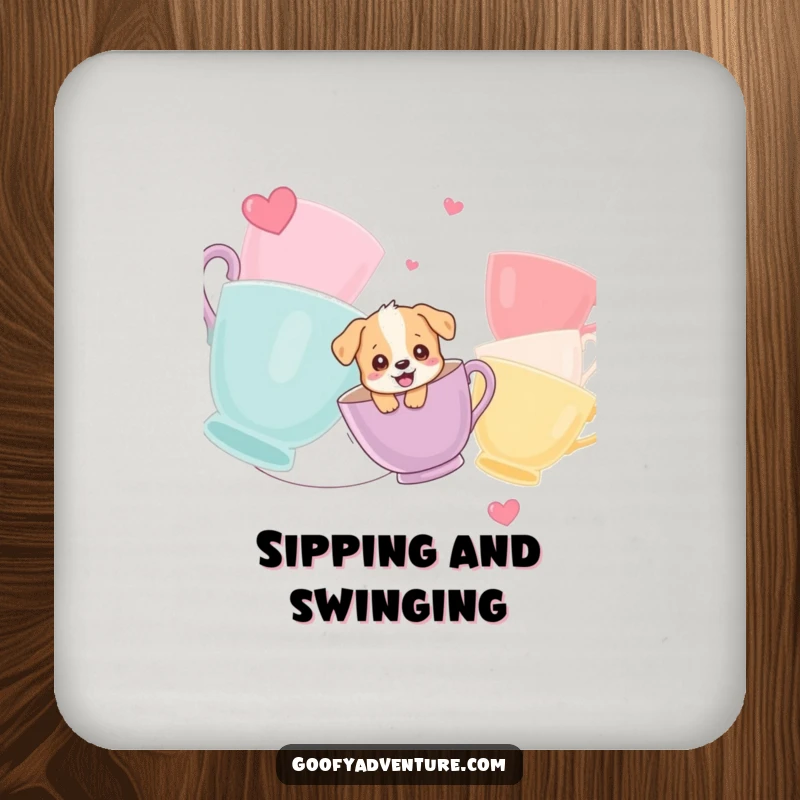 Funny drink coaster featuring a giggling puppy character ziplining between giant teacups, offering surface protection with playful charm.