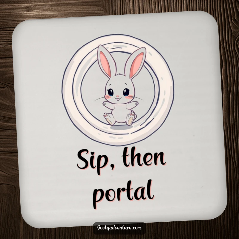 Funny set of coasters featuring a curious rabbit character about to jump into a swirling, colorful portal.