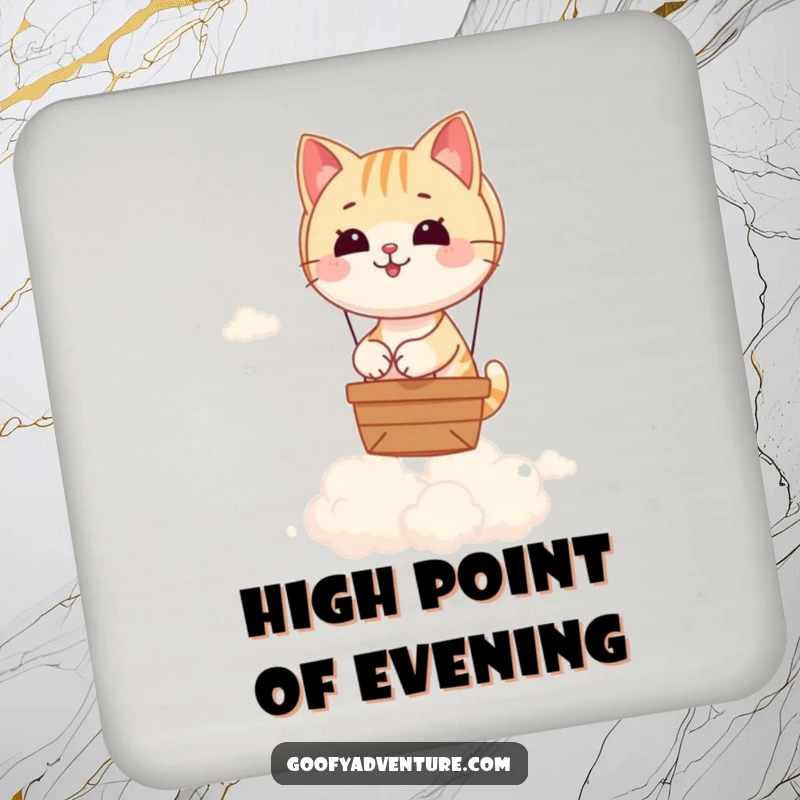 Funny drink coaster with a playful cat piloting a hot air balloon over fluffy clouds, adding a touch of whimsy to your space.