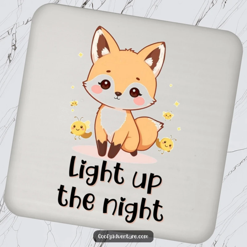 Funny kawaii fox leading a parade of tiny, smiling fireflies, printed on coasters for surface protection.