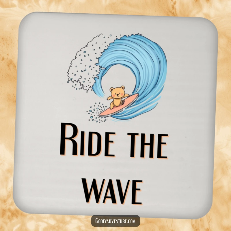 Set of funny bear cub surfing large ocean waves on drink coasters, protecting surfaces with humor and style.