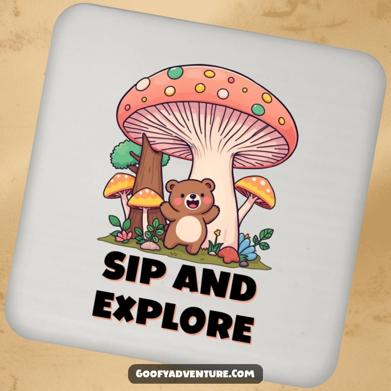 Funny Kawaii bear mushroom forest drink coaster, excitedly exploring a giant, colorful mushroom landscape, whimsical protection.