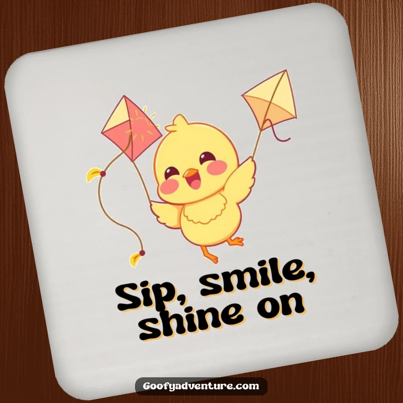 Funny Chick Coaster: A joyous chick flies with a kite made of sunshine, offering protection and happiness to your drinks.