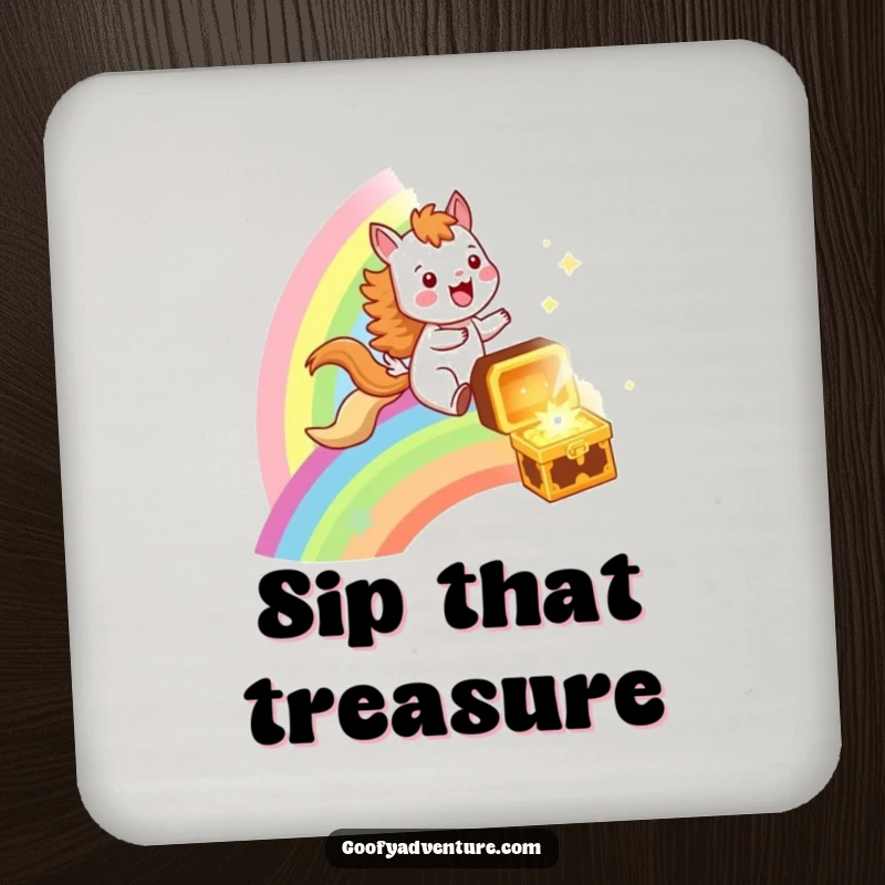 Funny drink coaster showing a joyful animal riding a rainbow toward a treasure chest, protecting surfaces with whimsical art.
