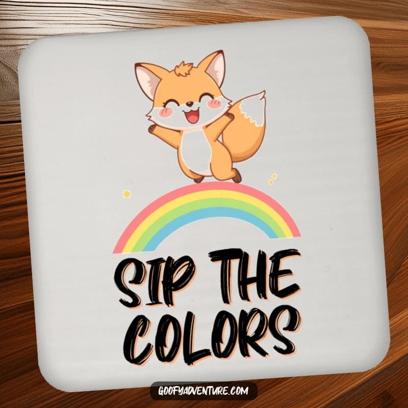 Funny fox rainbow leap drink coaster with a happy fox mid-leap over a vibrant rainbow.