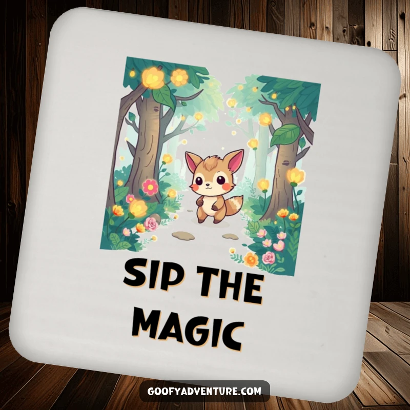 Funny drink coaster showing a determined animal navigating a whimsical forest with glowing flora, protecting surfaces with magic.