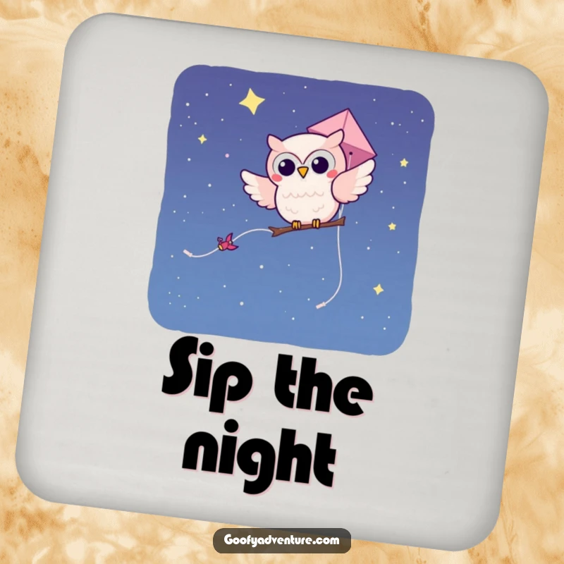 Funny kawaii owl character soaring on a kite through a starry night sky, designed on a drink coaster.