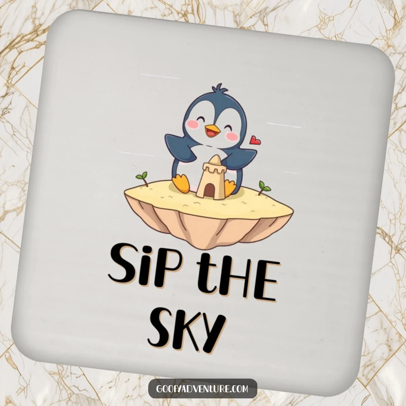 Funny penguin coasters depicting a giggling penguin building a sandcastle on a floating cloud island. Protects surfaces with humor.
