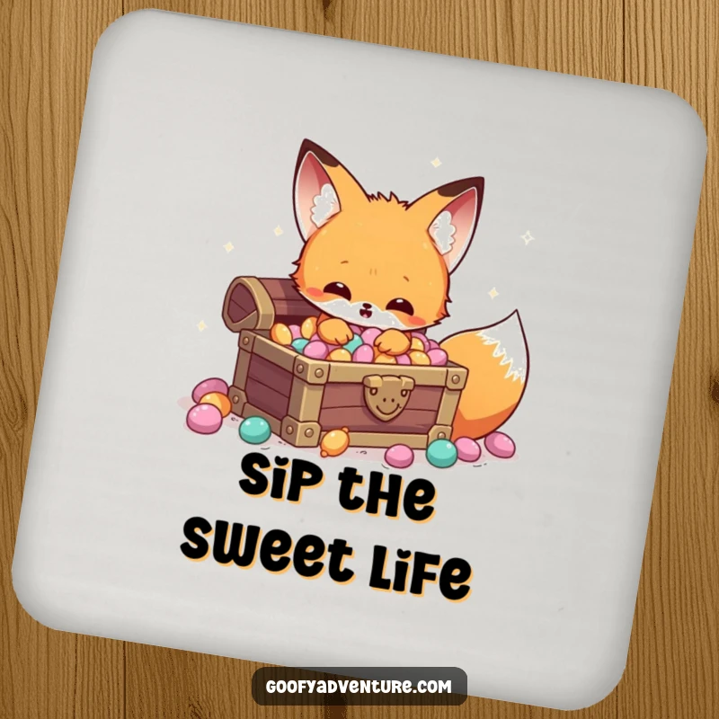 Funny Kawaii fox candy treasure drink coaster, discovering a hidden chest of sparkling candy, protecting surfaces.
