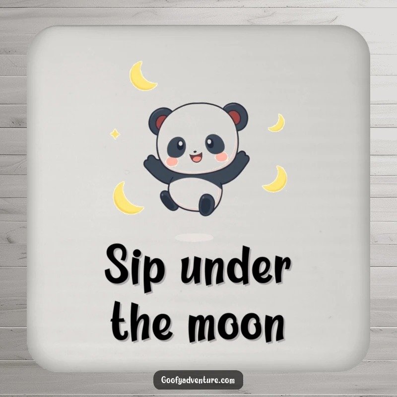 Funny Panda Moon Jumper Coaster: A smiling panda character jumping between moon crescents, adding a humorous and magical touch.