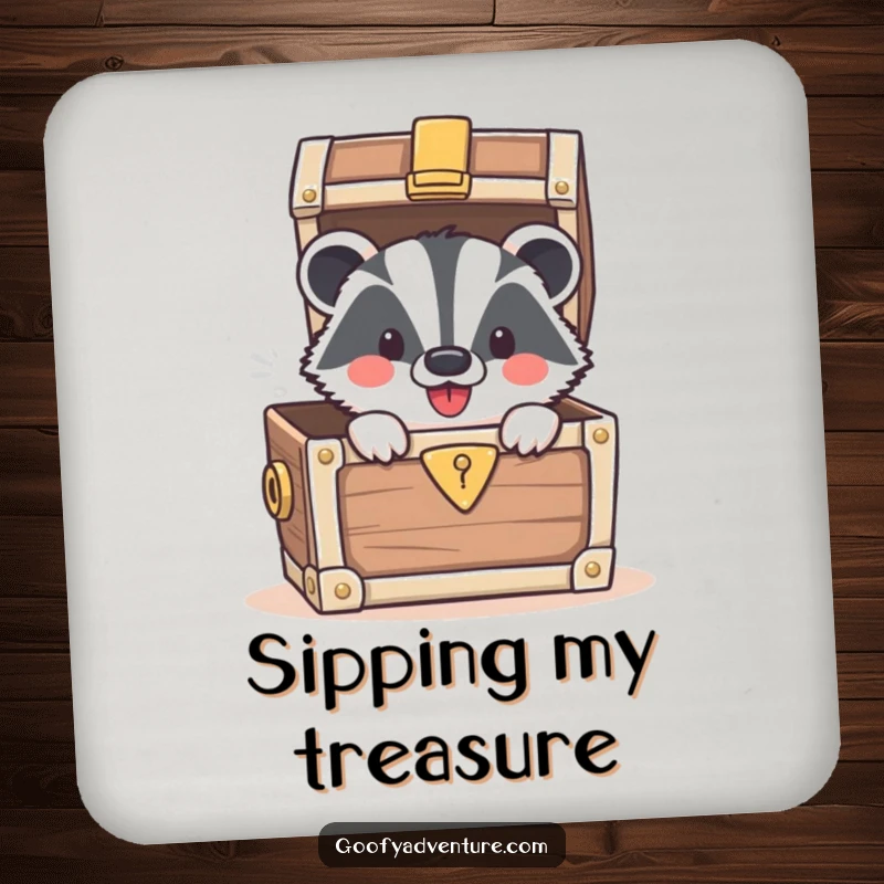 Funny coaster with a smiling badger emerging from a treasure chest, a humorous way to protect surfaces.