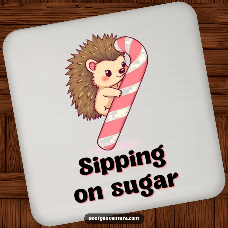 Funny Kawaii hedgehog climbing a giant, whimsical candy cane on a drink coaster, safeguarding surfaces.