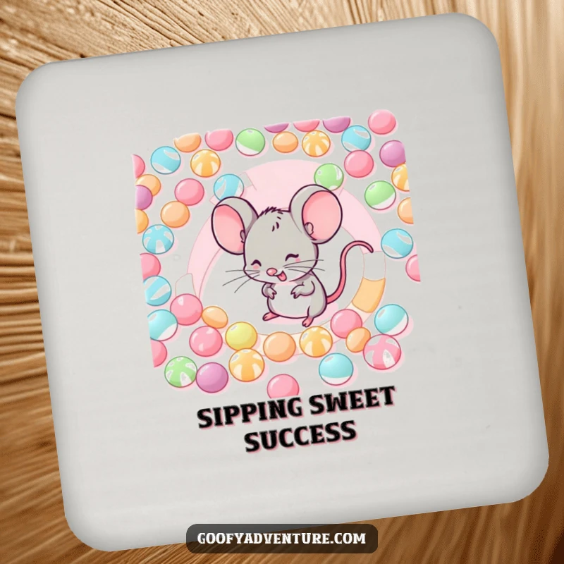 Funny coaster with a giggling mouse navigating a candy maze, a humorous way to protect surfaces.