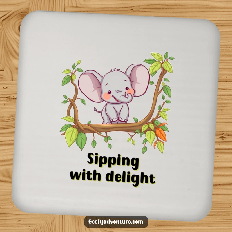 Funny happy elephant crossing a jungle vine bridge, protective drink coaster, jungle theme, humorous accessory.