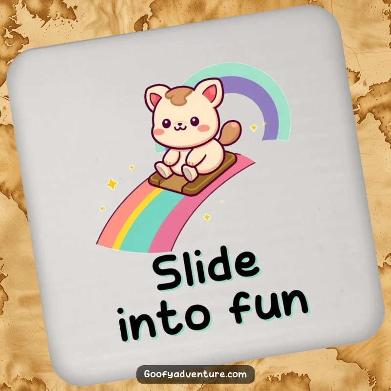 Funny kawaii animal character sliding down a rainbow trail, a humorous and delightful drink coaster.
