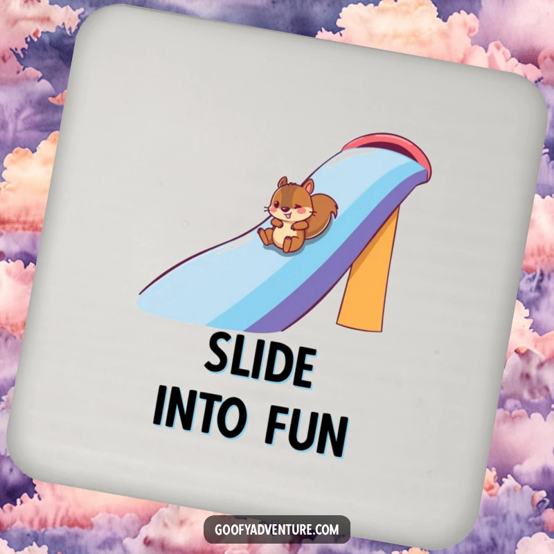 Funny squirrel character sliding down a rainbow on a drink coaster, adding colorful fun, funny gift.