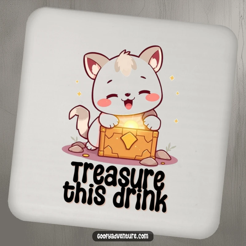 Funny kawaii animal character joyfully discovering a glowing treasure chest, a protective and humorous drink coaster.