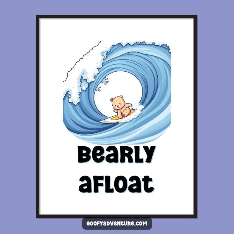 Funny Bear Cub Surfing Poster: Beach Adventure Art, Perfect Coastal Decor Gift!