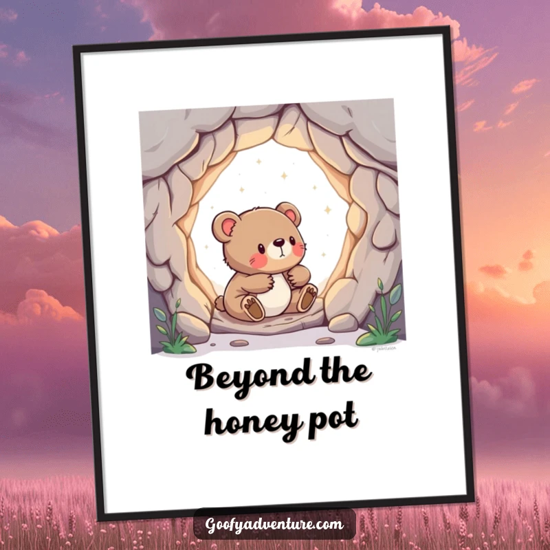 Funny poster print of a curious bear cub discovering a glowing portal to another world, perfect wall art.