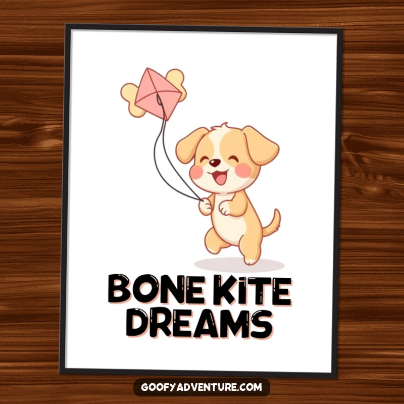 Funny puppy character joyfully chasing a large bone-shaped kite across a vibrant backdrop, perfect wall art.