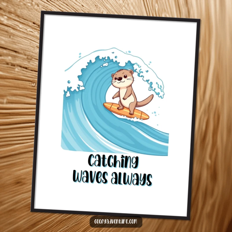 Funny vibrant poster of a happy otter on a surfboard, perfectly balanced on a huge, rolling ocean wave.