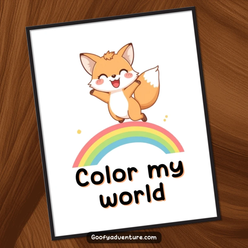 Funny fox rainbow leap poster showing a happy fox gleefully jumping over a spectacular, colorful rainbow against a bright sky.