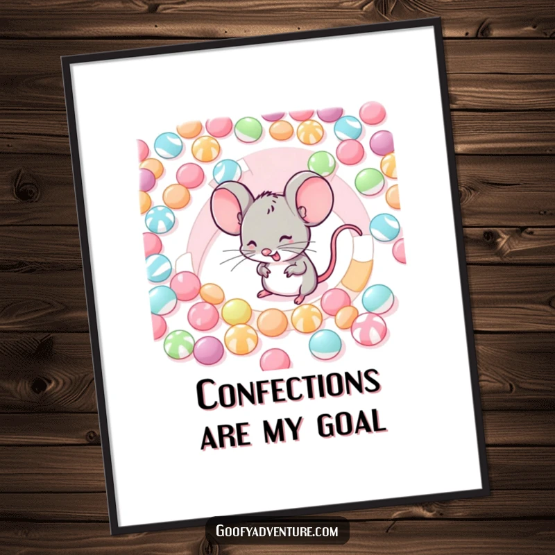 Funny poster print of a giggling mouse lost in a colorful maze made of various candies, perfect wall art.
