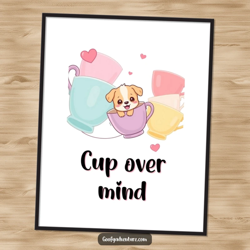 Funny poster showcasing a giggling puppy ziplining between massive colorful teacups, bringing a sense of playful adventure to the walls.