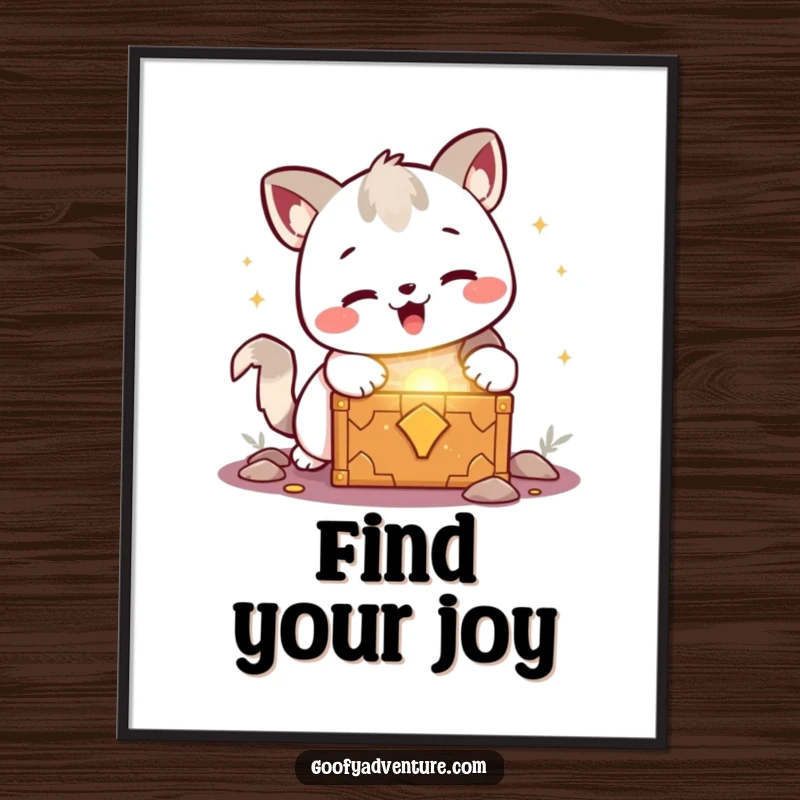 Funny kawaii animal character joyfully discovering a glowing treasure chest, a vibrant and humorous wall art poster.