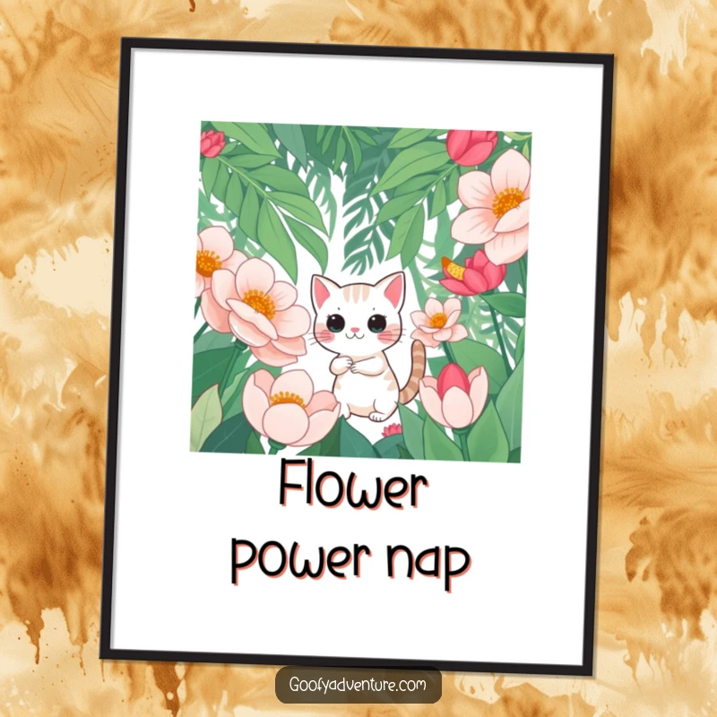 Funny poster depicting a curious cat bravely exploring a fantastical jungle filled with giant, colorful flowers, adding wonder to walls.
