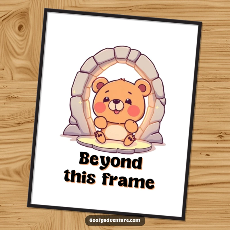 Funny Bear Poster: A curious bear character excitedly peering into a bright, magical, glowing portal, creating an aura of wonder.