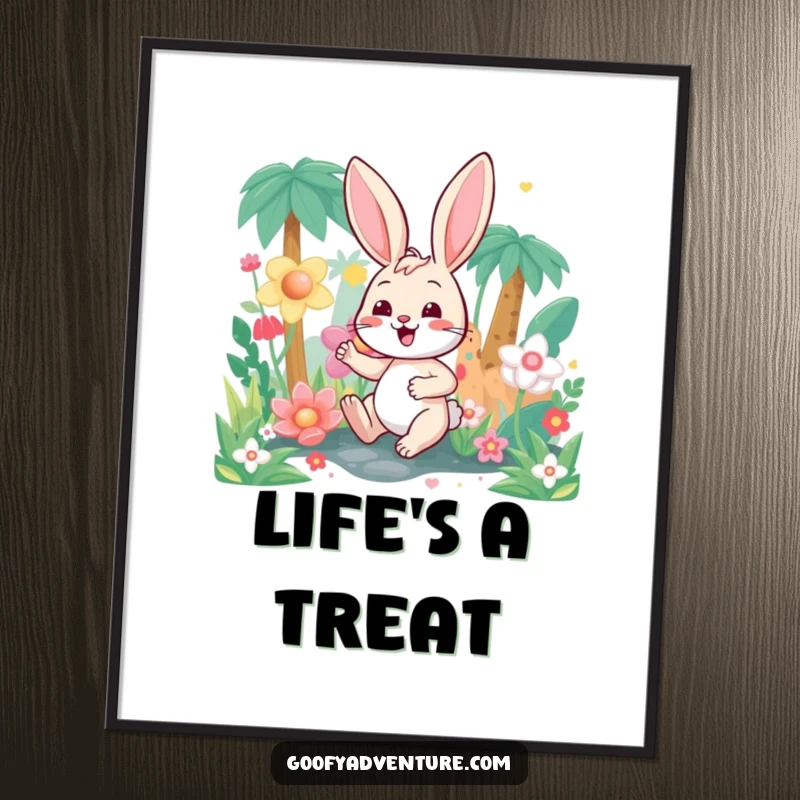 Funny bunny character exploring a vibrant candy-colored jungle, presented as a delightful poster for enchanting wall decor.