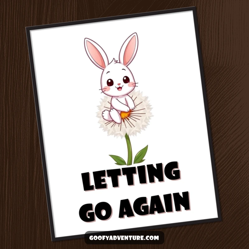 Funny bunny character riding high on a dandelion seed, illustrated as a whimsical poster, bringing joy, funny gift.