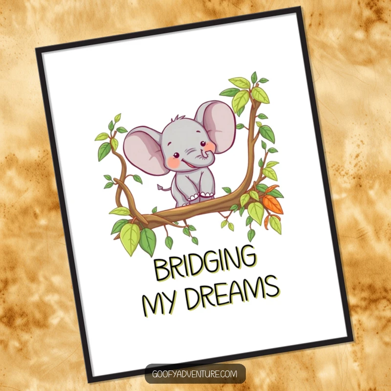 Funny happy elephant crossing a jungle vine bridge, vibrant poster art, jungle adventure theme, humorous wall decor.