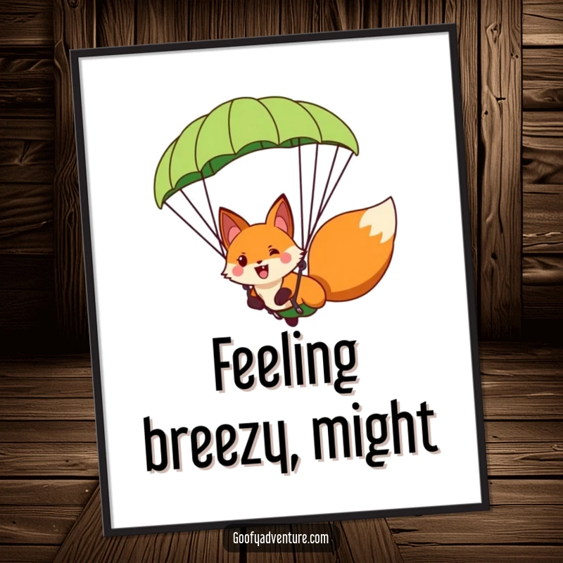 Funny fox character paragliding with a giant leaf chute, depicted on a large poster, bringing joy and adventure.