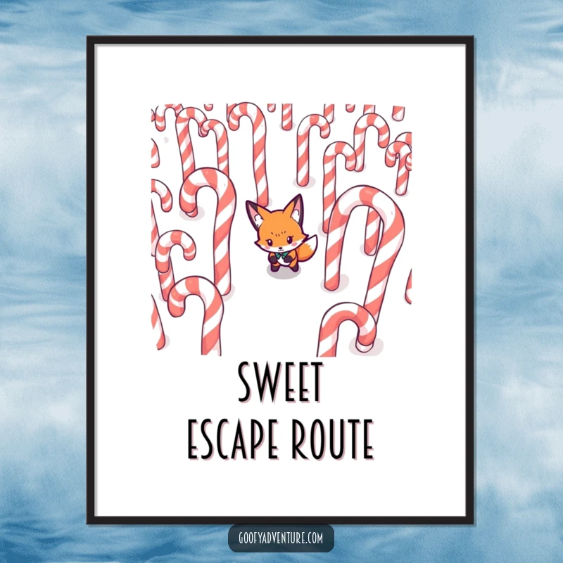 Funny Fox poster, determinedly navigating a maze made of giant candy canes, vibrant and witty wall art.