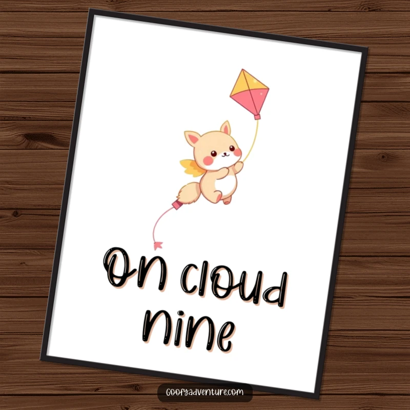 Funny kawaii animal character soaring through the sky on a colorful kite, a vibrant and humorous wall art poster.