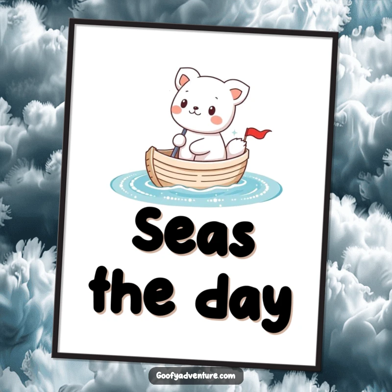 Funny kawaii animal character sailing a tiny boat on sparkly water, a vibrant and humorous wall art poster.