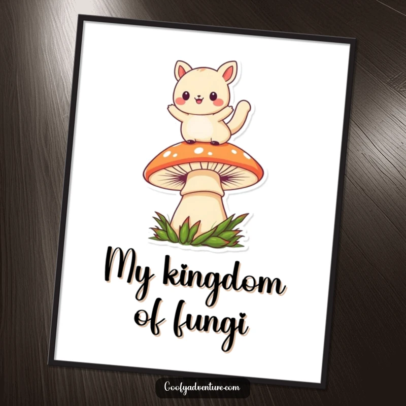 Funny kawaii animal character leaping over a huge, colorful mushroom, creating a whimsical and humorous wall art piece.