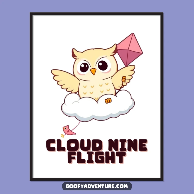 Funny Kawaii Owl Cloud Kite Poster - Dreamy Wall Art Gift