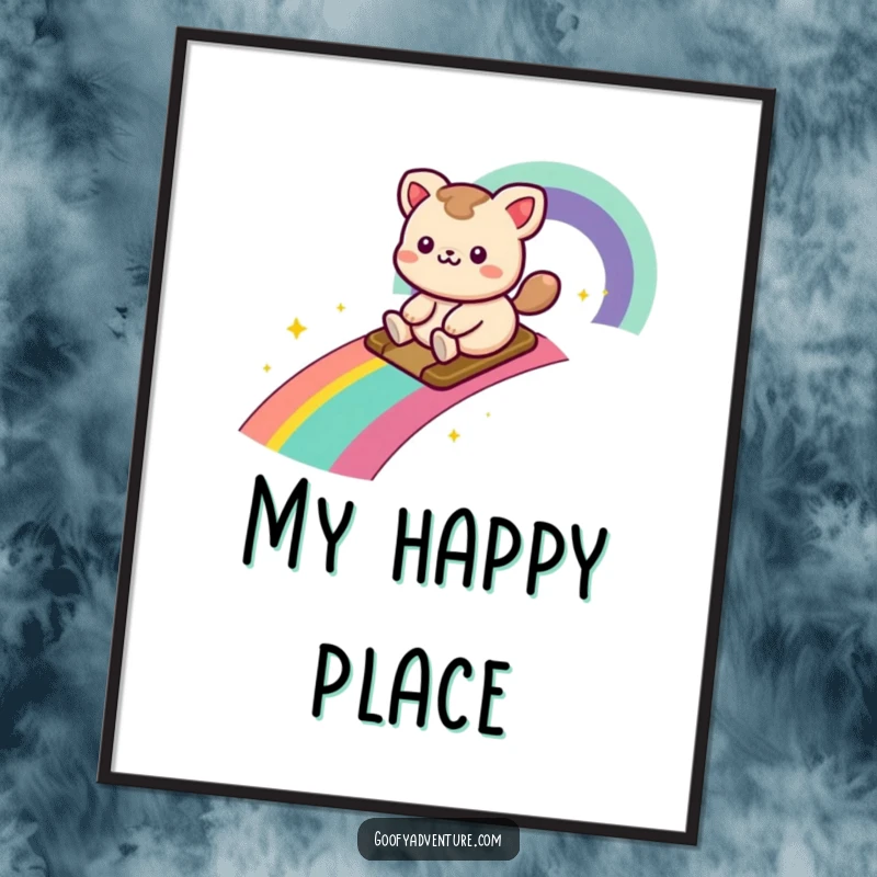 Funny kawaii animal character joyfully sliding down a rainbow trail, vibrant whimsical wall art for a cheerful space.