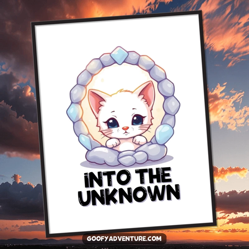 Funny kitten character peeking into a glowing, ethereal portal on a poster, creating a sense of mystery and wonder.