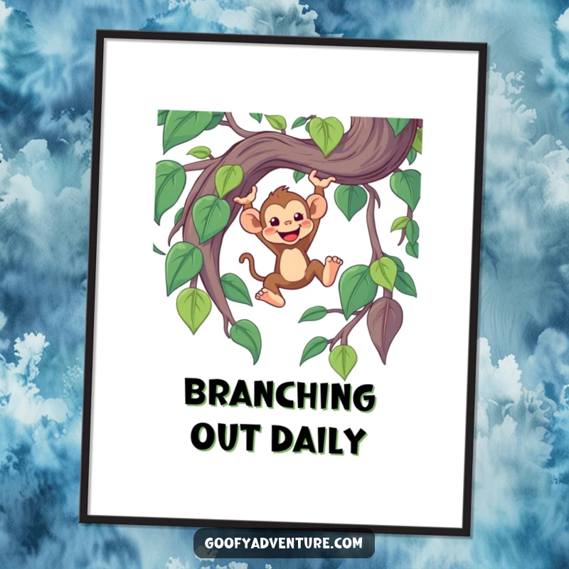 Funny vibrant poster of a cheerful monkey character joyfully swinging from a massive, whimsical jungle vine.