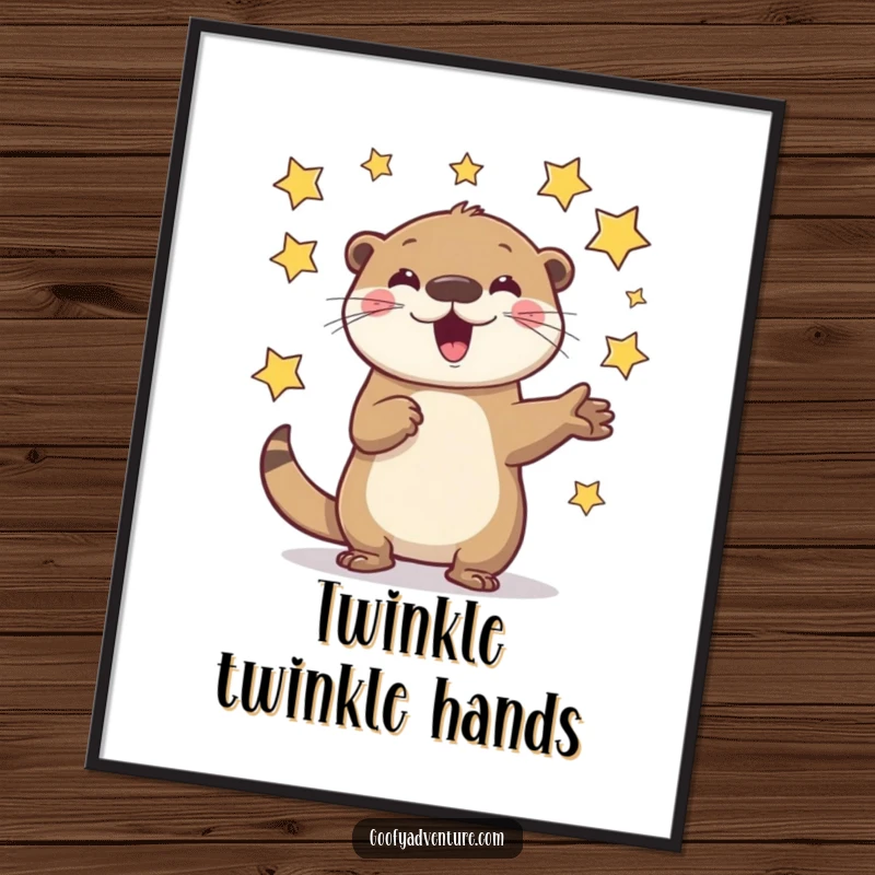 Funny Otter Poster: A playful otter enthusiastically juggling bright, flying stars, creating a whimsical cosmic scene.