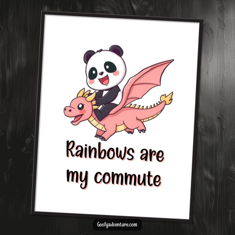 Funny vibrant poster showcasing a cute panda gleefully riding a flying dragon through a dazzling rainbow.