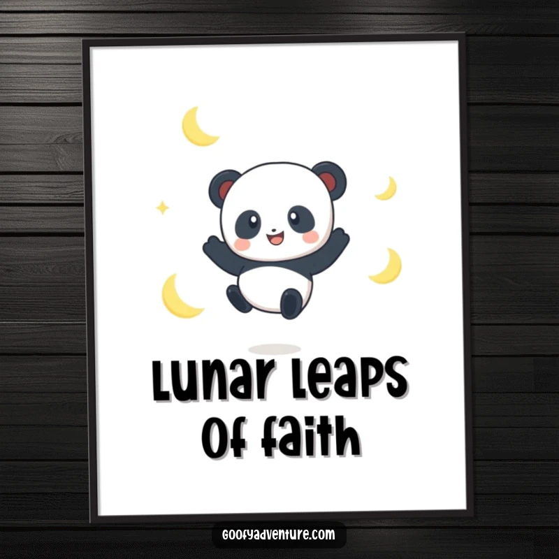 Funny Panda Moon Jumper Poster: A smiling panda character joyfully jumps between crescent moons, embodying whimsical and dreamy wall art.