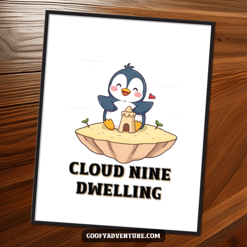 Funny penguin poster of a giggling penguin constructing a sandcastle on a floating island made of clouds. Amusing wall decor.